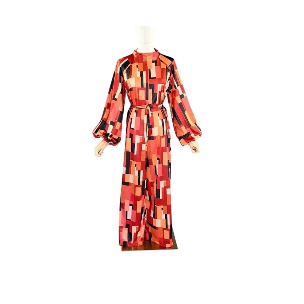 Vintage 1970s Nylon Knit Geometric Print Palazzo Hostess Jumpsuit Wide Leg